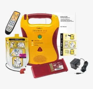Defibtech Lifeline AED Trainer Kit with remote, battery, and training pads