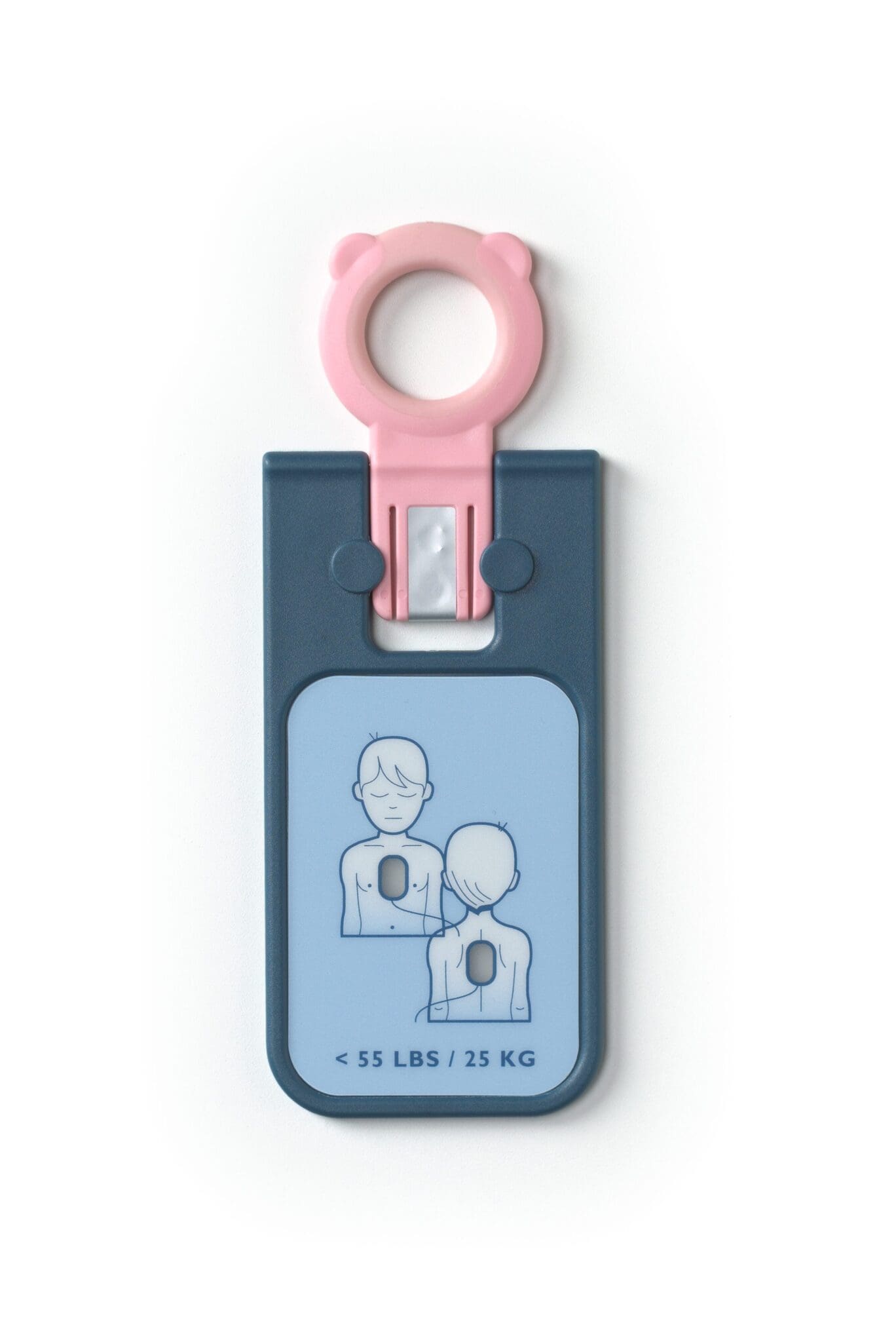 Close up of the pink Philips FRx Infant/Child Key inserted into a HeartStart FRx AED to activate pediatric rescue mode.