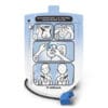 A sealed foil pouch of Defibtech Lifeline DDP-200P pediatric defibrillation pads, showing the black connector plug and the in-line energy attenuator on the cable.