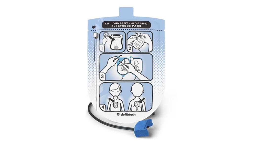 A sealed foil pouch of Defibtech Lifeline DDP-200P pediatric defibrillation pads, showing the black connector plug and the in-line energy attenuator on the cable.