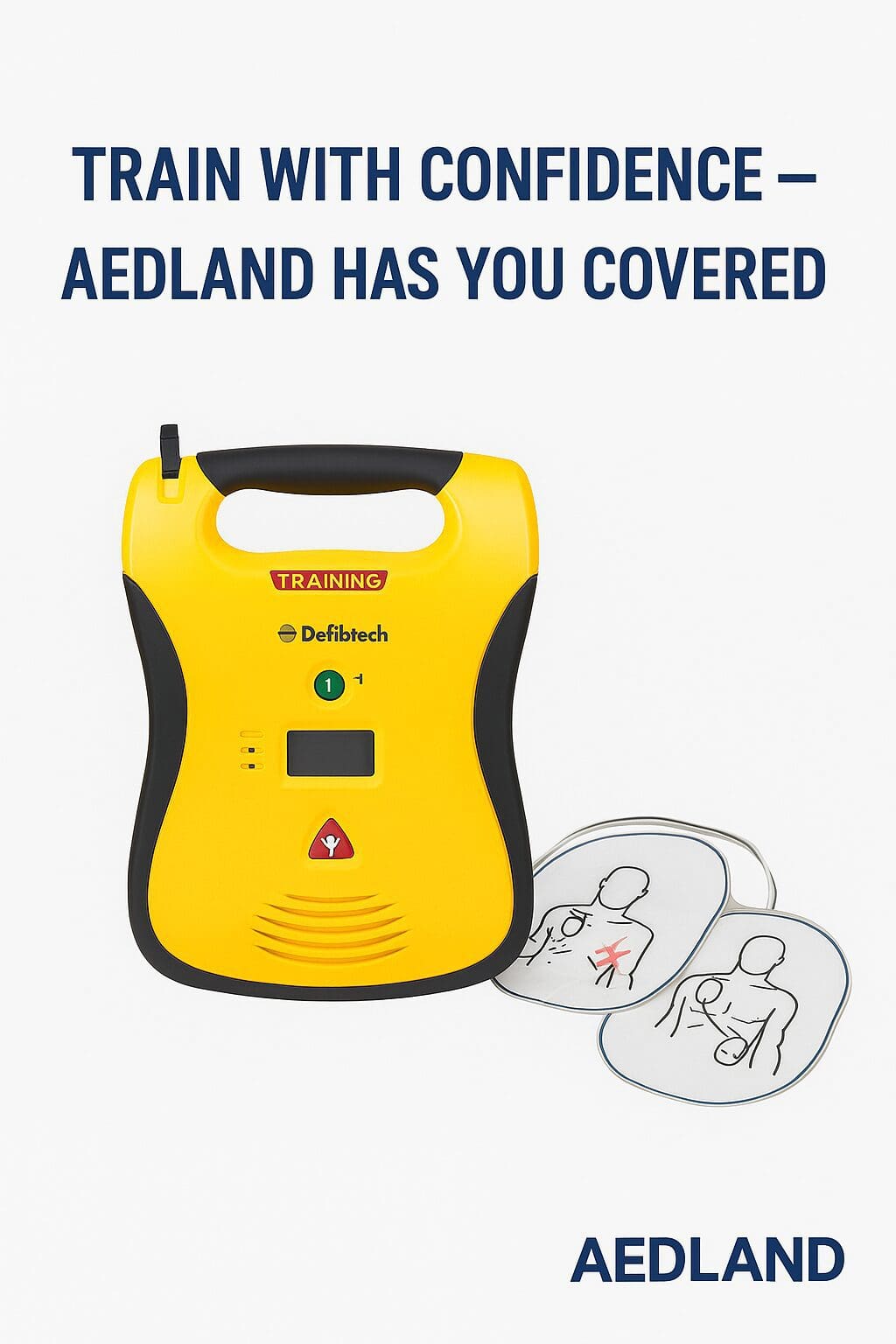 Yellow Defibtech Lifeline AED Trainer with training pads and AEDLand slogan