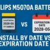 Philips M5070A battery showing install-by date and expiration date comparison
