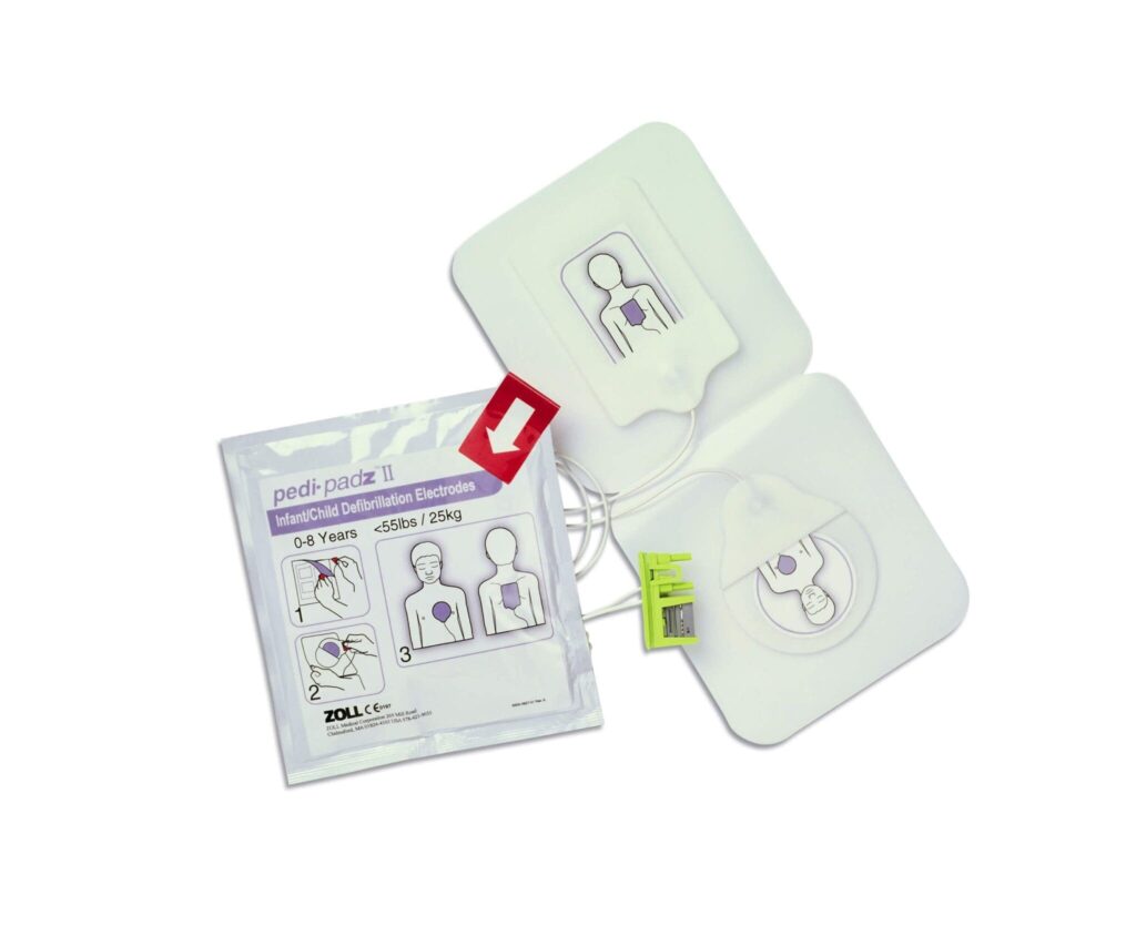 ZOLL Pedi-padz II infant and child defibrillation electrodes alongside their sealed foil packaging showing the 0-8 years and under 55 pounds weight limit.