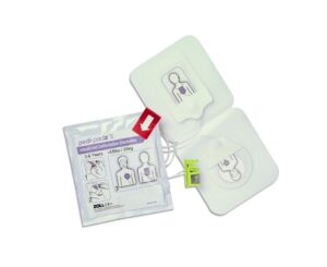 ZOLL Pedi-padz II infant and child defibrillation electrodes alongside their sealed foil packaging showing the 0-8 years and under 55 pounds weight limit.