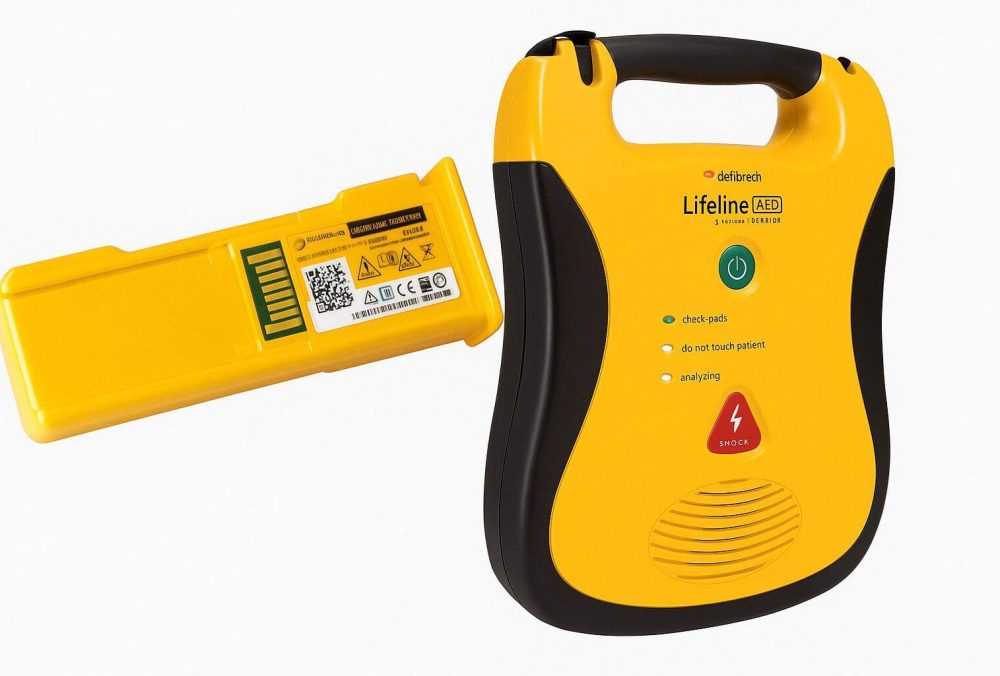 Defibtech Lifeline AED shown with DBP-1400 replacement battery pack