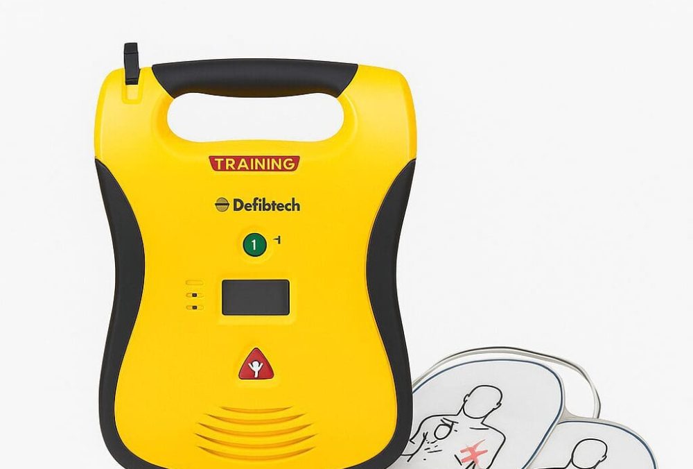 Yellow Defibtech Lifeline AED Trainer with training pads and AEDLand slogan