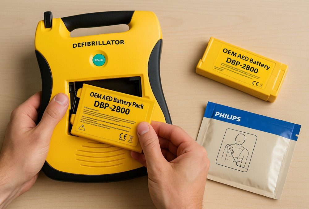Person installing OEM Defibtech DBP-2800 AED battery into Lifeline AED with spare battery and Philips AED pads on table.