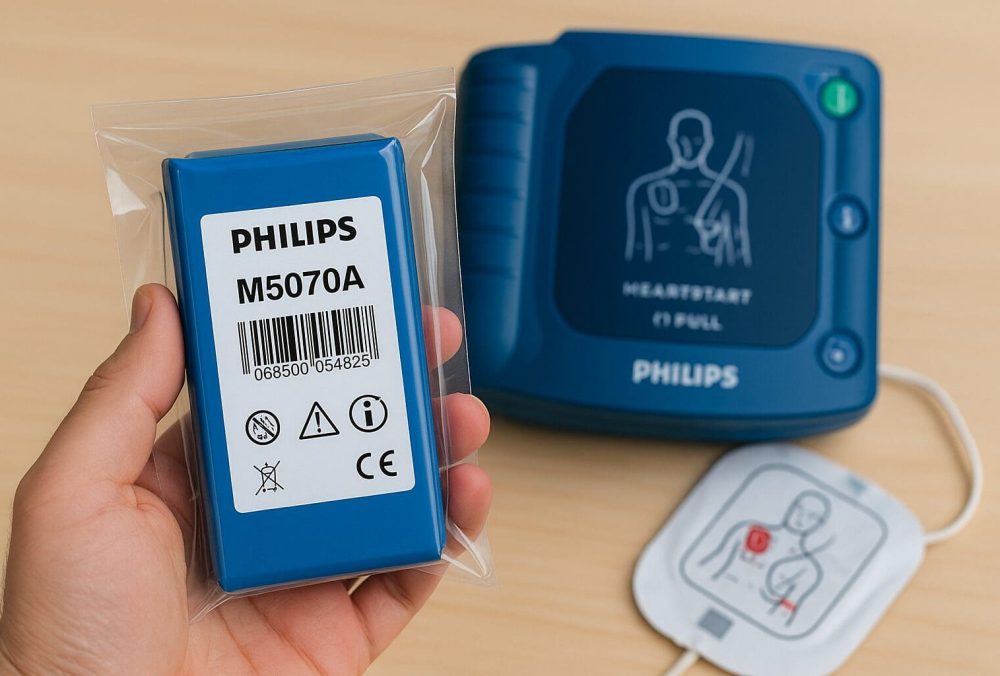 Person holding sealed blue Philips M5070A AED battery in front of Philips HeartStart AED with electrode pads nearby.