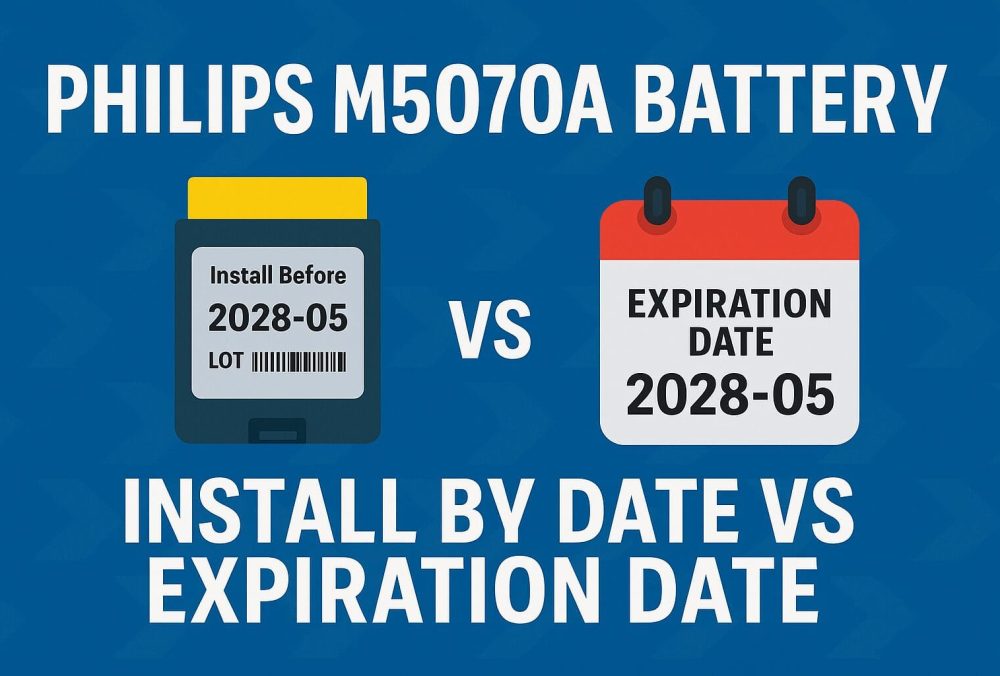 Philips M5070A battery showing install-by date and expiration date comparison