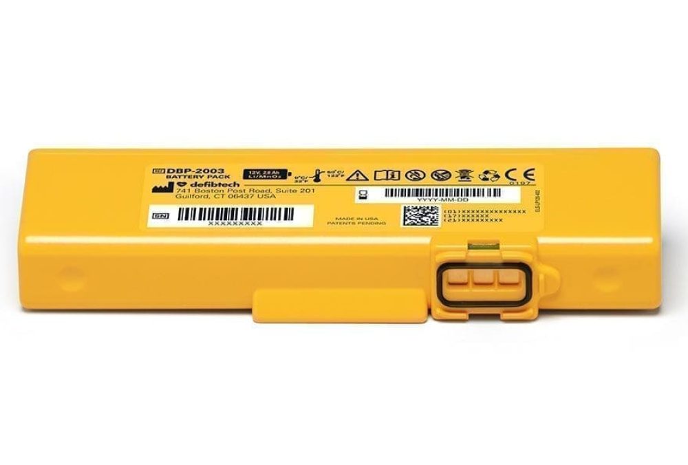 Defibtech DCF-2003 replacement AED battery for Lifeline VIEW, ECG, and PRO models – yellow OEM battery with 4-year standby life