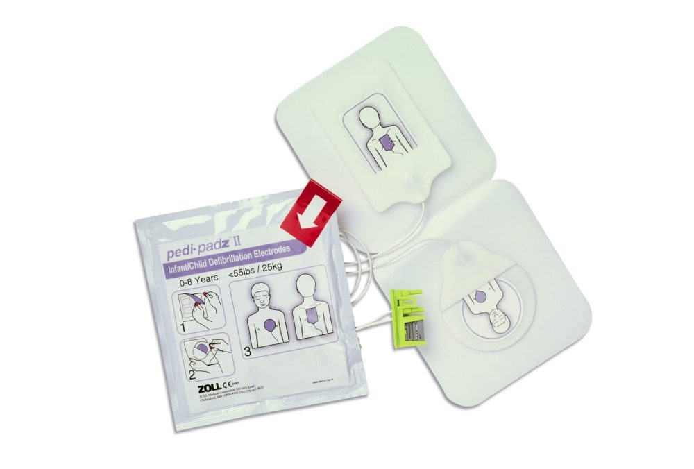 ZOLL Pedi-padz II infant and child defibrillation electrodes alongside their sealed foil packaging showing the 0-8 years and under 55 pounds weight limit.